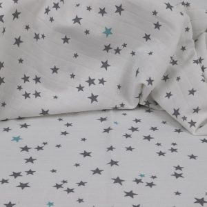 Tissu 100% coton Etoiles gris et bleu